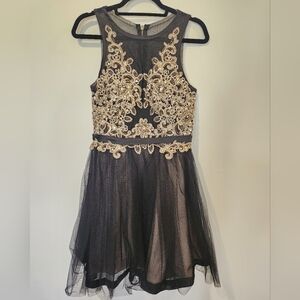 Camille La Vie Gold Halter Fit and Flare Mini Dress